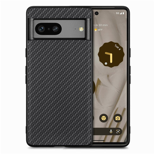 For Google Pixel 7a 5G Carbon Fiber Texture Phone Back Case PU Leather Coated PC+TPU Shockproof Cover - Black
