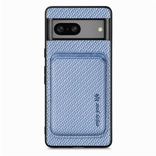 For Google Pixel 7a 5G Carbon Fiber Texture Drop-proof Case Detachable Magnetic Card Holder PC + TPU + PU Leather Protective Cover - Blue