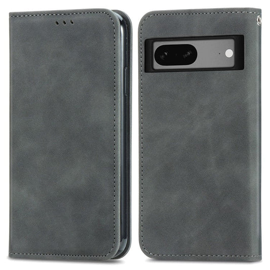 For Google Pixel 7a Magnetic Absorption Retro PU Leather Anti-drop Phone Cover with Card Slots Skin-touch Feeling Flip Phone Case Stand - Grey