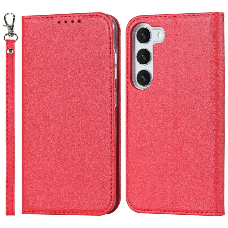 For Samsung Galaxy S23 Shockproof Phone Case PU Leather Silk Texture Phone Cover Wallet Stand with Wrist Strap - Red