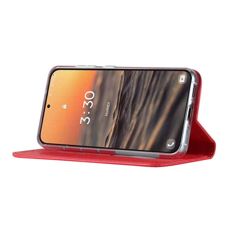 For Samsung Galaxy S23 Shockproof Phone Case PU Leather Silk Texture Phone Cover Wallet Stand with Wrist Strap - Red