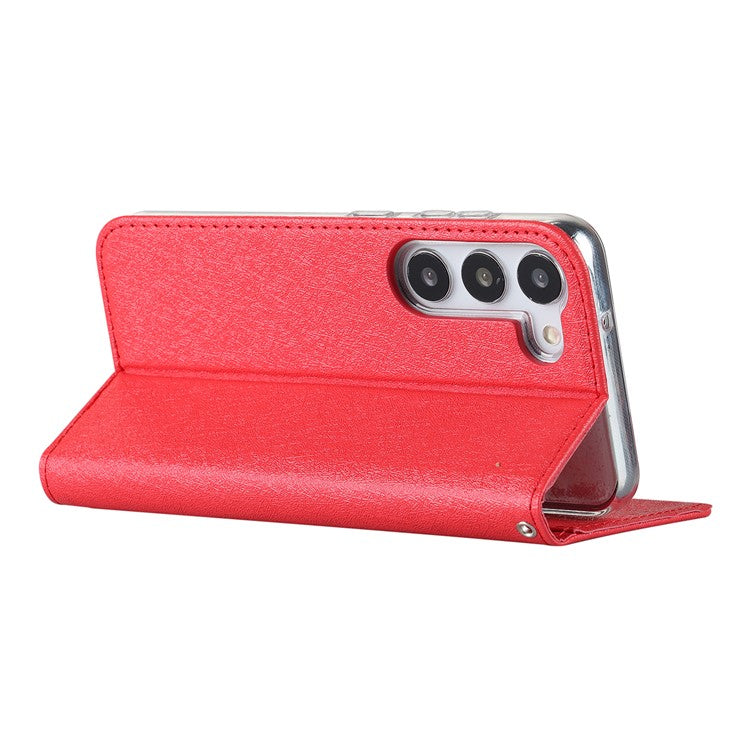 For Samsung Galaxy S23 Shockproof Phone Case PU Leather Silk Texture Phone Cover Wallet Stand with Wrist Strap - Red