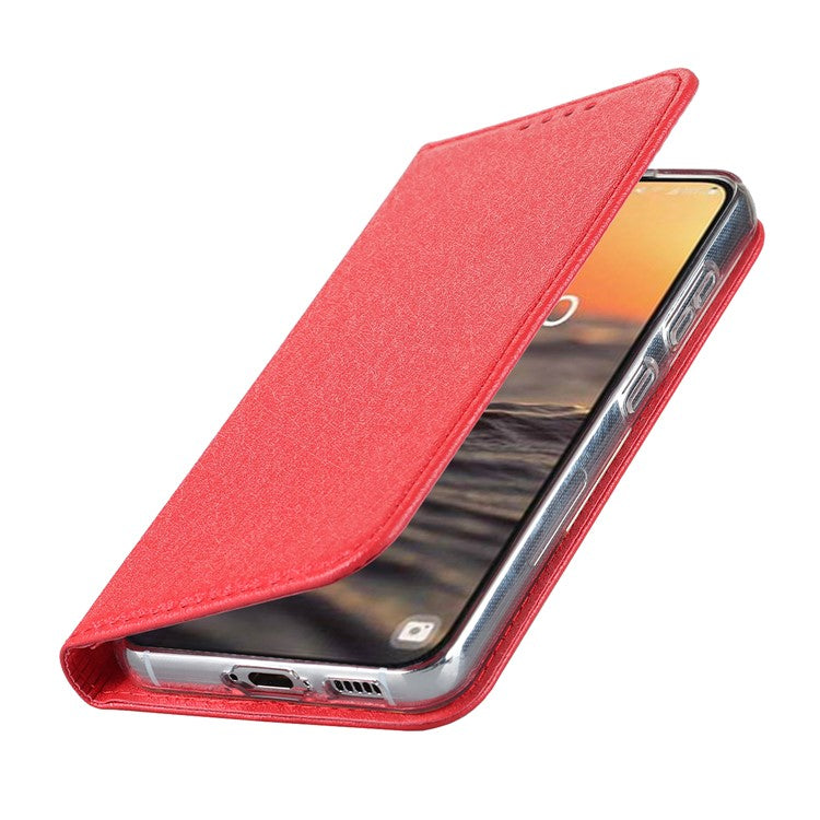 For Samsung Galaxy S23 Shockproof Phone Case PU Leather Silk Texture Phone Cover Wallet Stand with Wrist Strap - Red