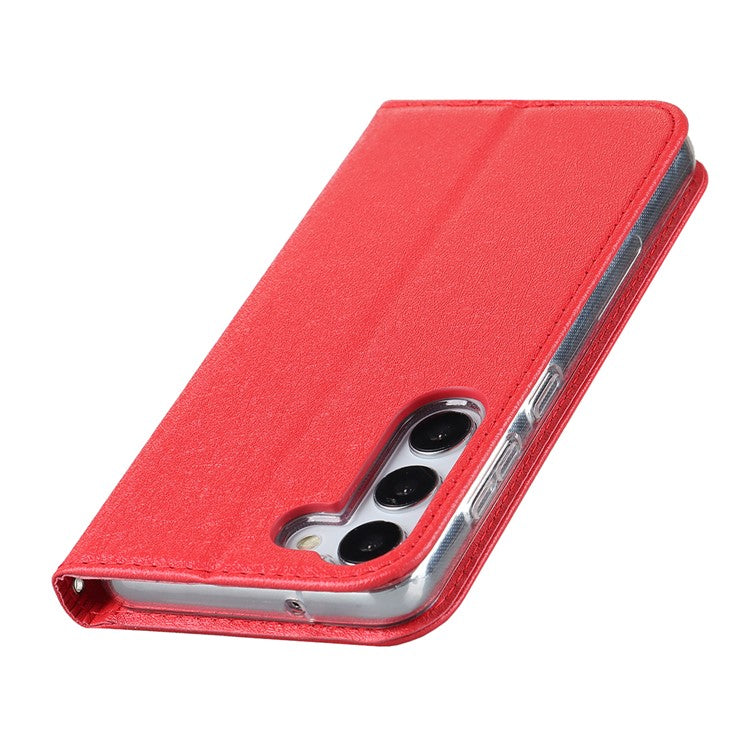 For Samsung Galaxy S23 Shockproof Phone Case PU Leather Silk Texture Phone Cover Wallet Stand with Wrist Strap - Red