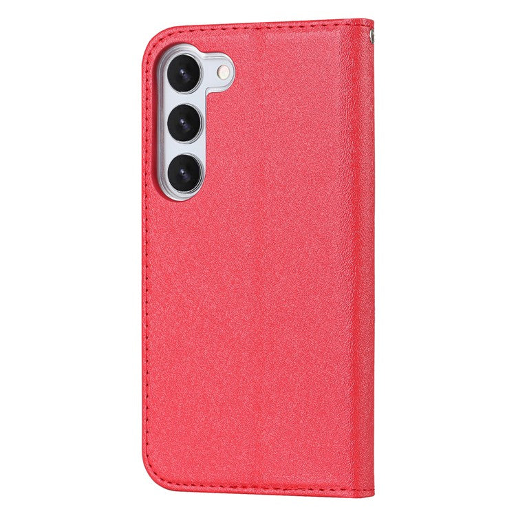 For Samsung Galaxy S23 Shockproof Phone Case PU Leather Silk Texture Phone Cover Wallet Stand with Wrist Strap - Red