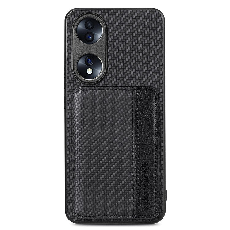 Protective Phone Case For Honor 70 5G, Carbon Fiber Texture Magnetic Phone Cover with Wallet Kickstand - Black