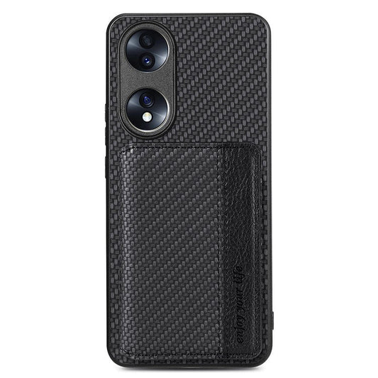 Protective Phone Case For Honor 70 5G, Carbon Fiber Texture Magnetic Phone Cover with Wallet Kickstand - Black