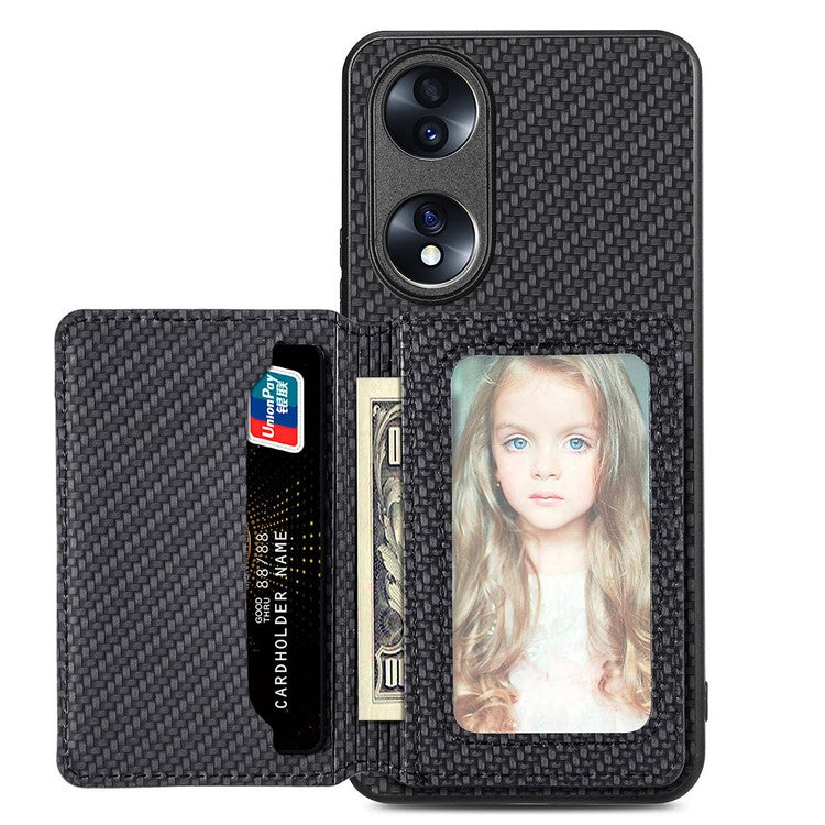 Protective Phone Case For Honor 70 5G, Carbon Fiber Texture Magnetic Phone Cover with Wallet Kickstand - Black