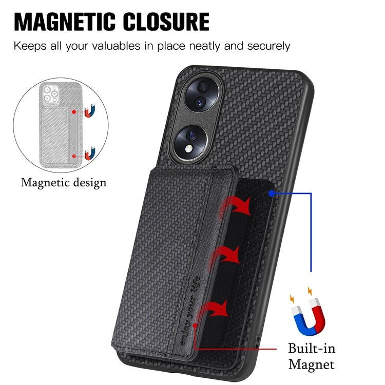 Protective Phone Case For Honor 70 5G, Carbon Fiber Texture Magnetic Phone Cover with Wallet Kickstand - Black
