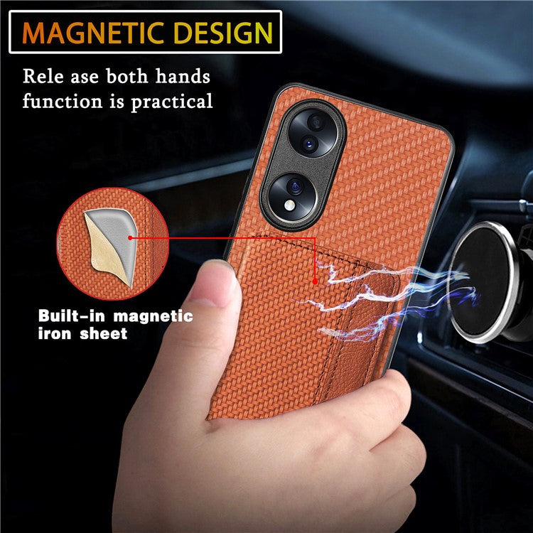 Protective Phone Case For Honor 70 5G, Carbon Fiber Texture Magnetic Phone Cover with Wallet Kickstand - Black