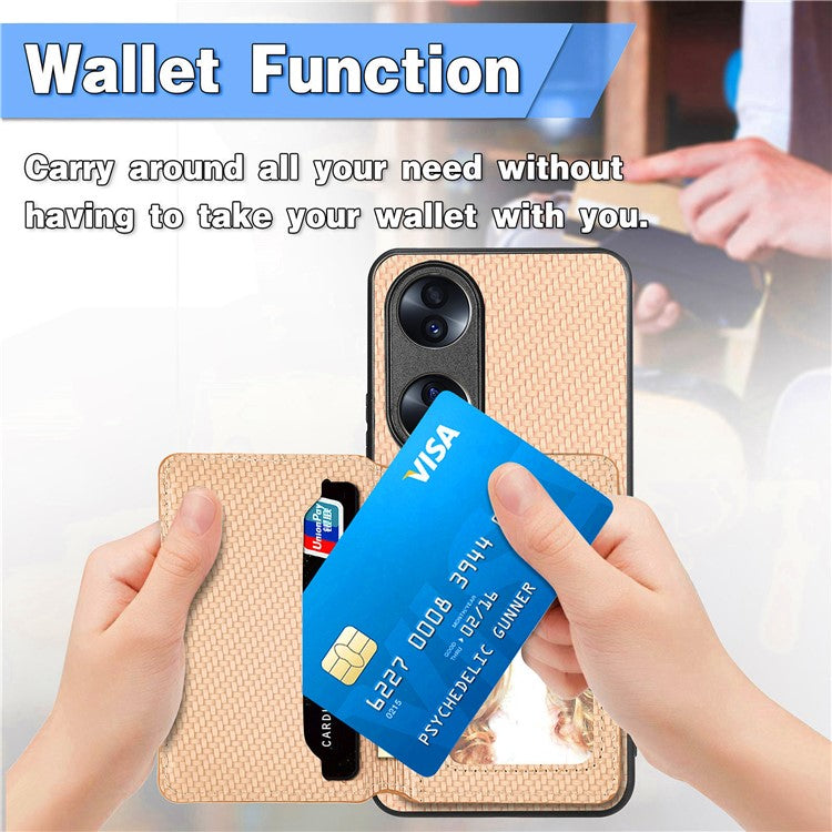 Protective Phone Case For Honor 70 5G, Carbon Fiber Texture Magnetic Phone Cover with Wallet Kickstand - Black