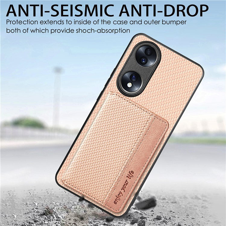 Protective Phone Case For Honor 70 5G, Carbon Fiber Texture Magnetic Phone Cover with Wallet Kickstand - Black