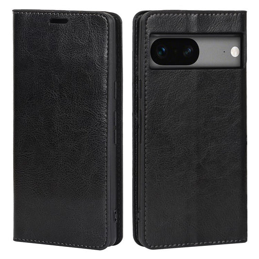 Genuine Leather Phone Cover For Google Pixel 7a, Crazy Horse Texture Magnetic Anti-drop Phone Case with Stand Wallet - Black