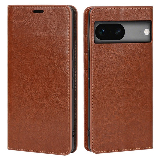 Genuine Leather Phone Cover For Google Pixel 7a, Crazy Horse Texture Magnetic Anti-drop Phone Case with Stand Wallet - Light Brown