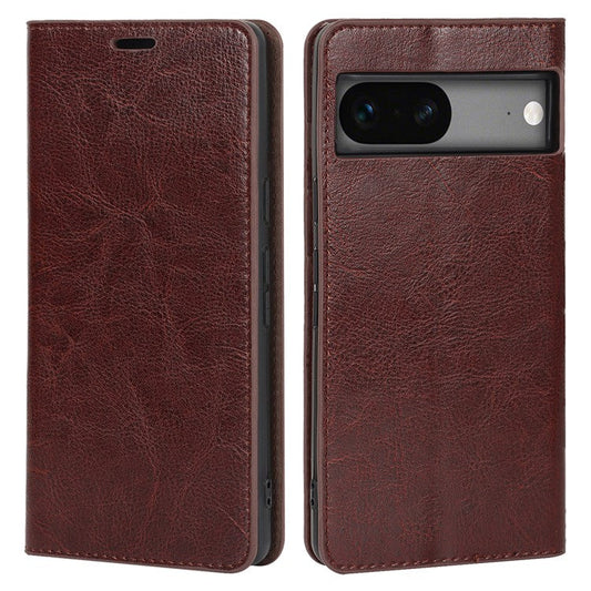 Genuine Leather Phone Cover For Google Pixel 7a, Crazy Horse Texture Magnetic Anti-drop Phone Case with Stand Wallet - Dark Brown