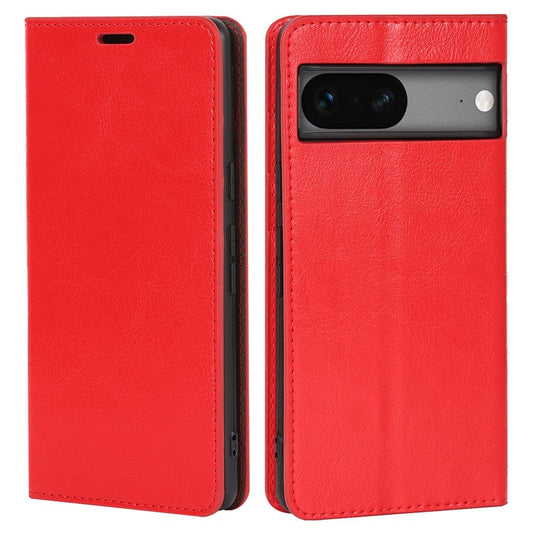 Genuine Leather Phone Cover For Google Pixel 7a, Crazy Horse Texture Magnetic Anti-drop Phone Case with Stand Wallet - Red