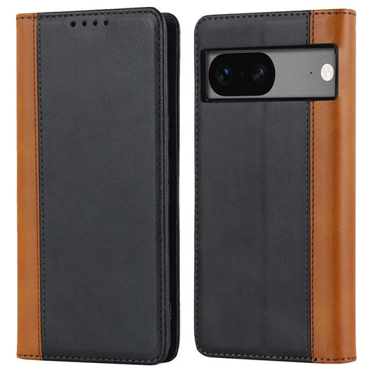 PU Leather Phone Case For Google Pixel 7a, Bi-color Splicing Calf Texture Shockproof Magnetic Phone Cover with Stand Wallet - Black  /  Yellow