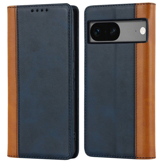 PU Leather Phone Case For Google Pixel 7a, Bi-color Splicing Calf Texture Shockproof Magnetic Phone Cover with Stand Wallet - Blue  /  Yellow