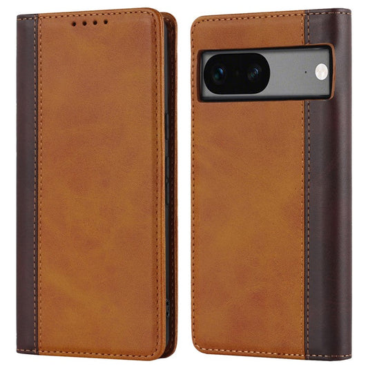 PU Leather Phone Case For Google Pixel 7a, Bi-color Splicing Calf Texture Shockproof Magnetic Phone Cover with Stand Wallet - Yellow  /  Brown