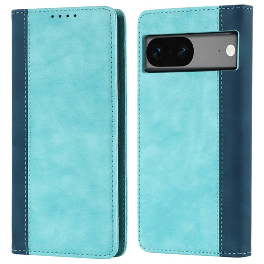PU Leather Phone Case For Google Pixel 7a, Bi-color Splicing Calf Texture Shockproof Magnetic Phone Cover with Stand Wallet - Light Blue  /  Dark Blue