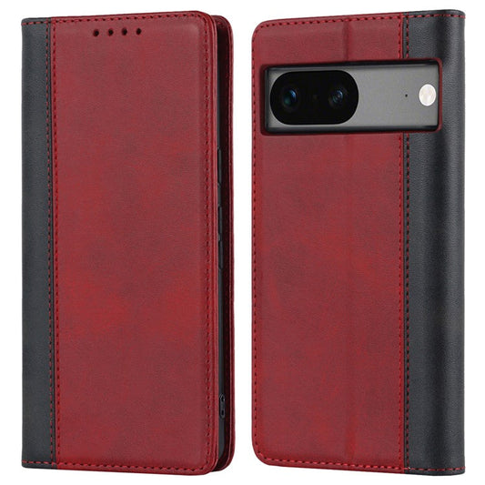 PU Leather Phone Case For Google Pixel 7a, Bi-color Splicing Calf Texture Shockproof Magnetic Phone Cover with Stand Wallet - Red  /  Black