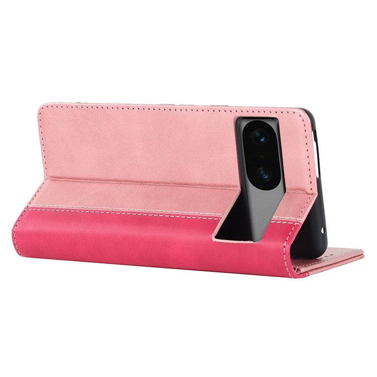 PU Leather Phone Case For Google Pixel 7a, Bi-color Splicing Calf Texture Shockproof Magnetic Phone Cover with Stand Wallet - Rose Gold  /  Rose