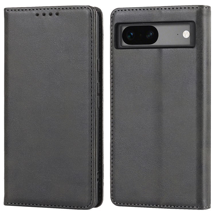 For Google Pixel 7a Anti-drop Phone Cover Calf Texture PU Leather Protective Phone Case with Stand Wallet - Black