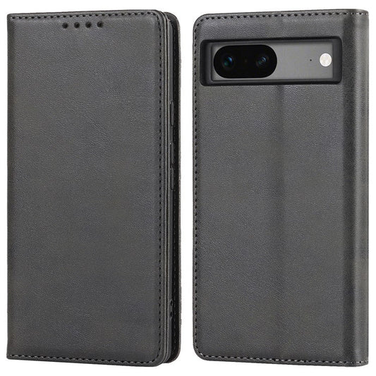 For Google Pixel 7a Anti-drop Phone Cover Calf Texture PU Leather Protective Phone Case with Stand Wallet - Black