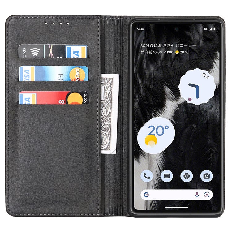 For Google Pixel 7a Anti-drop Phone Cover Calf Texture PU Leather Protective Phone Case with Stand Wallet - Black