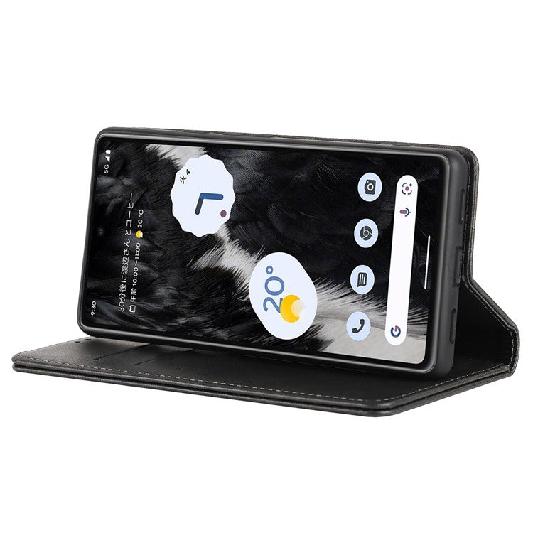 For Google Pixel 7a Anti-drop Phone Cover Calf Texture PU Leather Protective Phone Case with Stand Wallet - Black