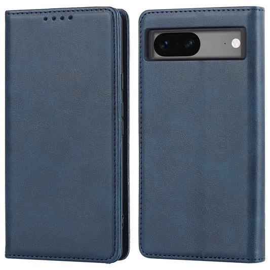 For Google Pixel 7a Anti-drop Phone Cover Calf Texture PU Leather Protective Phone Case with Stand Wallet - Dark Blue