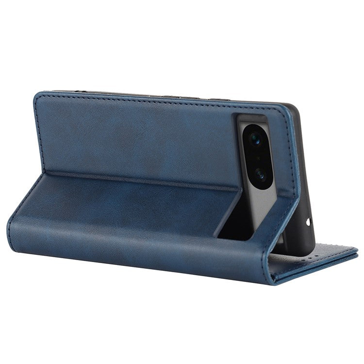For Google Pixel 7a Anti-drop Phone Cover Calf Texture PU Leather Protective Phone Case with Stand Wallet - Dark Blue
