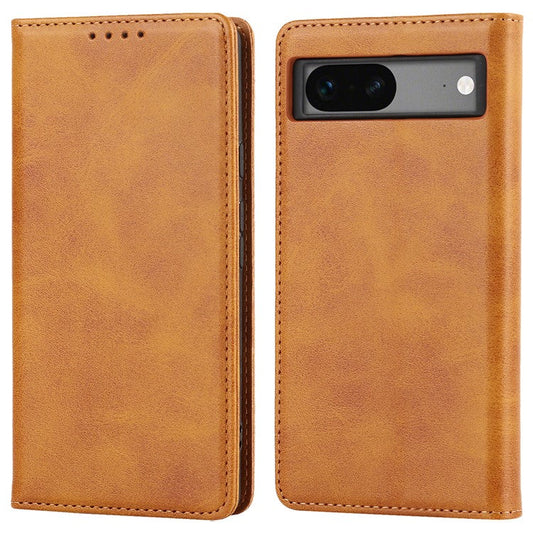 For Google Pixel 7a Anti-drop Phone Cover Calf Texture PU Leather Protective Phone Case with Stand Wallet - Light Brown