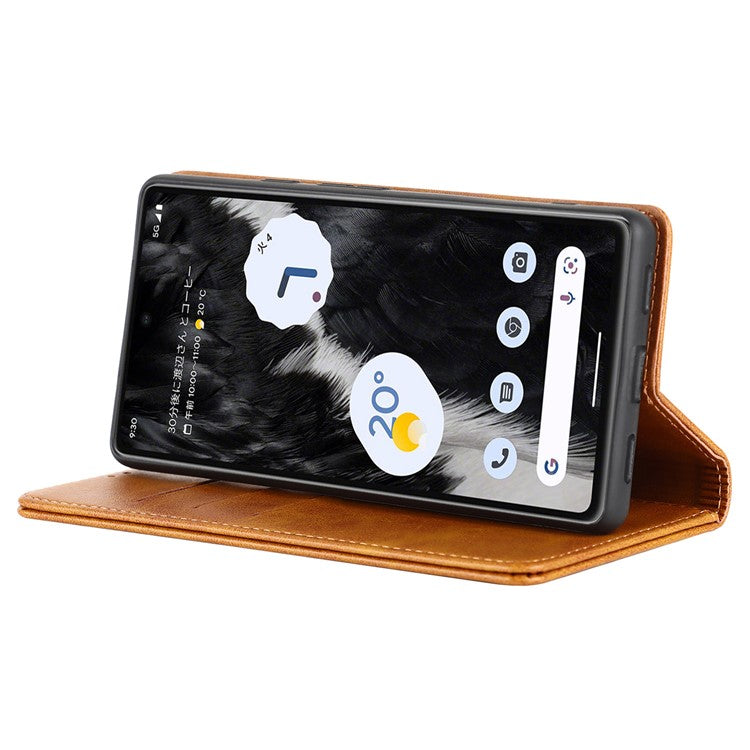 For Google Pixel 7a Anti-drop Phone Cover Calf Texture PU Leather Protective Phone Case with Stand Wallet - Light Brown