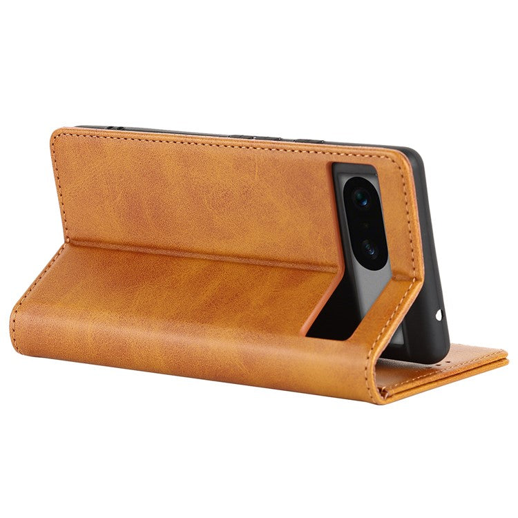 For Google Pixel 7a Anti-drop Phone Cover Calf Texture PU Leather Protective Phone Case with Stand Wallet - Light Brown