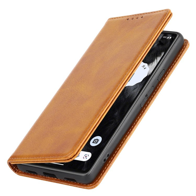 For Google Pixel 7a Anti-drop Phone Cover Calf Texture PU Leather Protective Phone Case with Stand Wallet - Light Brown