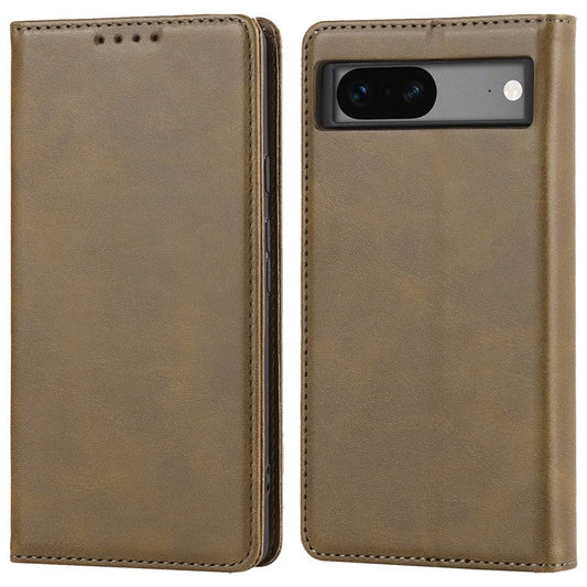 For Google Pixel 7a Anti-drop Phone Cover Calf Texture PU Leather Protective Phone Case with Stand Wallet - Dark Green