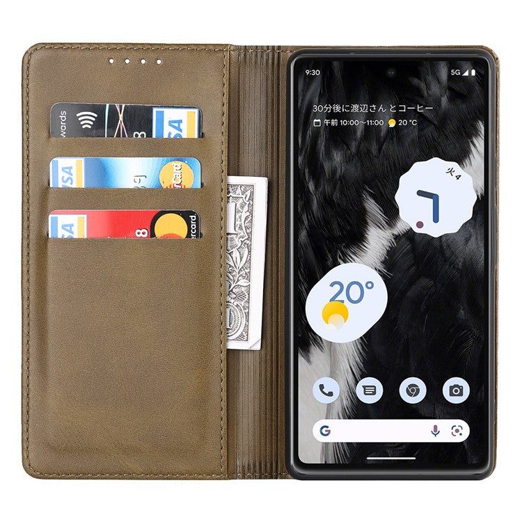 For Google Pixel 7a Anti-drop Phone Cover Calf Texture PU Leather Protective Phone Case with Stand Wallet - Dark Green