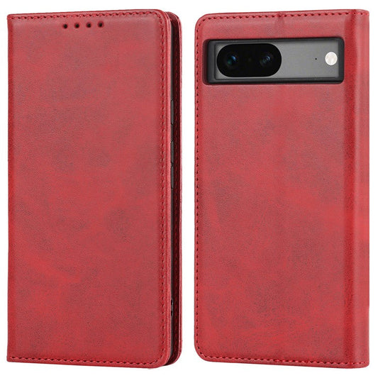 For Google Pixel 7a Anti-drop Phone Cover Calf Texture PU Leather Protective Phone Case with Stand Wallet - Red