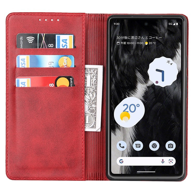 For Google Pixel 7a Anti-drop Phone Cover Calf Texture PU Leather Protective Phone Case with Stand Wallet - Red