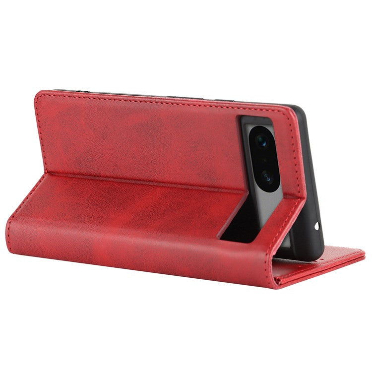 For Google Pixel 7a Anti-drop Phone Cover Calf Texture PU Leather Protective Phone Case with Stand Wallet - Red