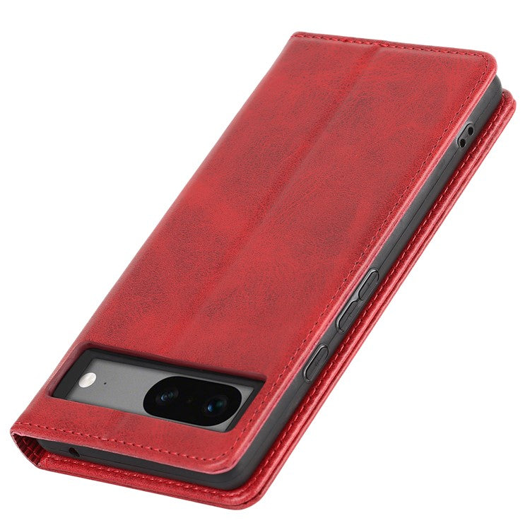 For Google Pixel 7a Anti-drop Phone Cover Calf Texture PU Leather Protective Phone Case with Stand Wallet - Red