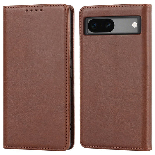 For Google Pixel 7a Anti-drop Phone Cover Calf Texture PU Leather Protective Phone Case with Stand Wallet - Dark Brown