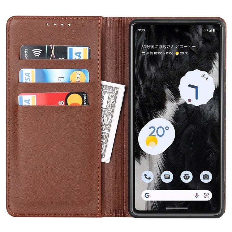 For Google Pixel 7a Anti-drop Phone Cover Calf Texture PU Leather Protective Phone Case with Stand Wallet - Dark Brown
