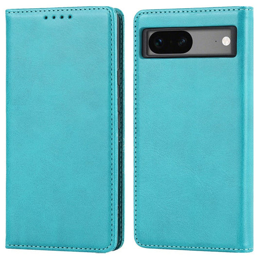 For Google Pixel 7a Anti-drop Phone Cover Calf Texture PU Leather Protective Phone Case with Stand Wallet - Sky Blue