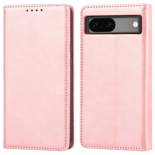 For Google Pixel 7a Anti-drop Phone Cover Calf Texture PU Leather Protective Phone Case with Stand Wallet - Rose Gold