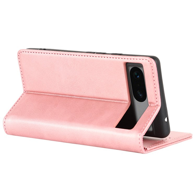 For Google Pixel 7a Anti-drop Phone Cover Calf Texture PU Leather Protective Phone Case with Stand Wallet - Rose Gold