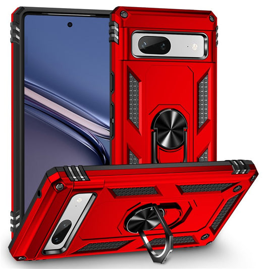 Back Protector Phone Case for Google Pixel 7a, Military Grade Anti-drop PC + TPU Protective Cover with Ring Kickstand - Red