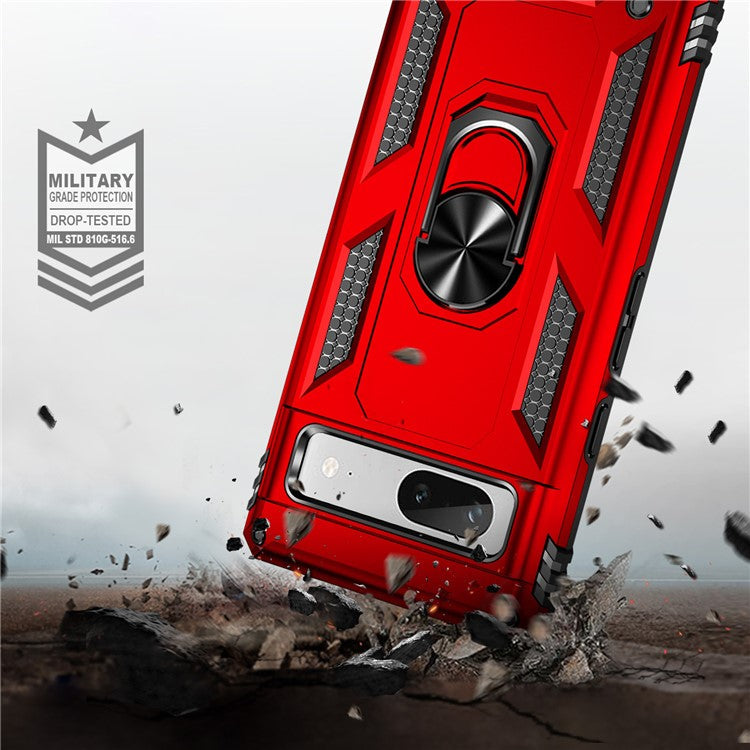Back Protector Phone Case for Google Pixel 7a, Military Grade Anti-drop PC + TPU Protective Cover with Ring Kickstand - Red