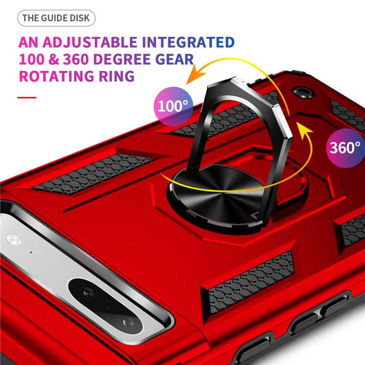 Back Protector Phone Case for Google Pixel 7a, Military Grade Anti-drop PC + TPU Protective Cover with Ring Kickstand - Red